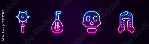 Set line Medieval chained mace ball, Lute, Skull and helmet. Glowing neon icon. Vector