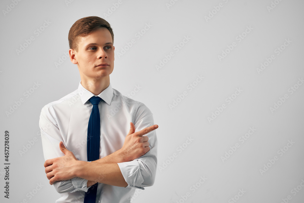 business man in shirt with tie gesturing with hands work office business man in shirt with tie gesturing with hands work office