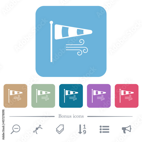 Windsock indicator with wind solid flat icons on color rounded square backgrounds photo