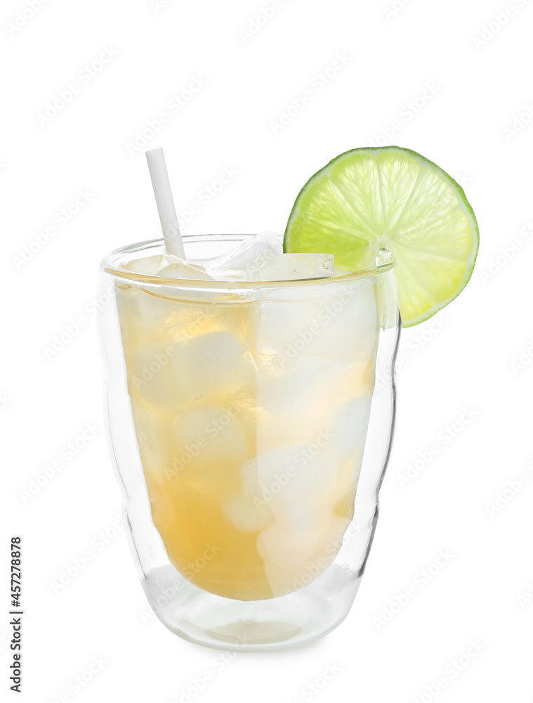 Glass of cold green tea with lime on white background Glass of cold green tea with lime on white background