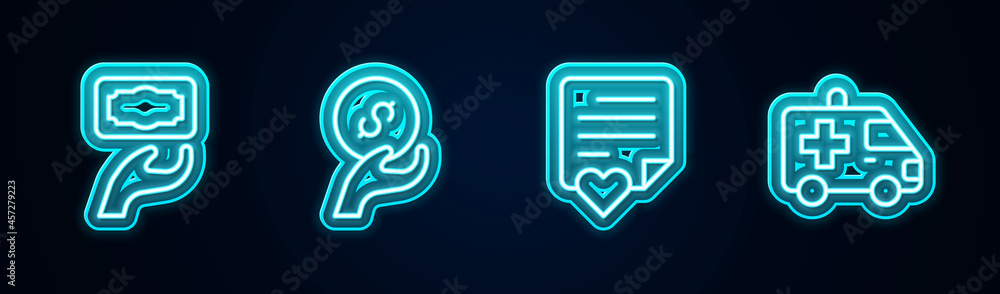 Set line Donation and charity, , Envelope with heart and Ambulance car. Glowing neon icon. Vector Set line Donation and charity, , Envelope with heart and Ambulance car. Glowing neon icon. Vector
