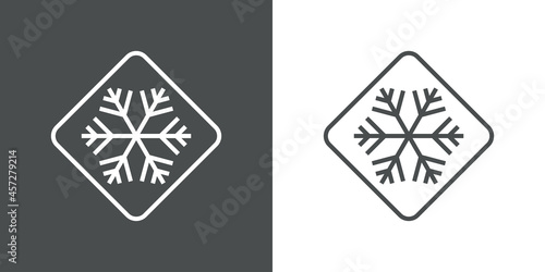 Logotipo silueta de copo de nieve en señal de tráfico con lineas en fondo gris y fondo blanco