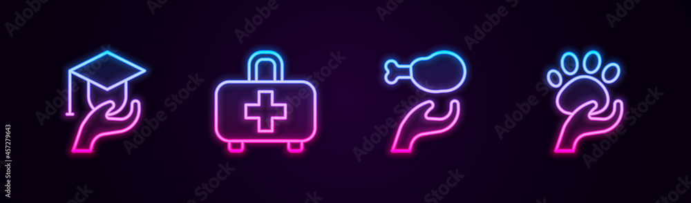 Set line Education grant, First aid kit, Donation food and Animal volunteer. Glowing neon icon. Vector Set line Education grant, First aid kit, Donation food and Animal volunteer. Glowing neon icon. Vector