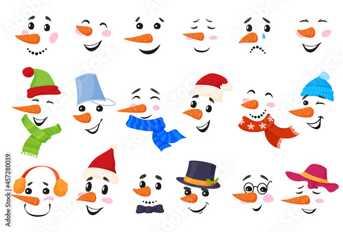 Collection cartoon snowman face vector illustration cute happy and sad winter character facial
