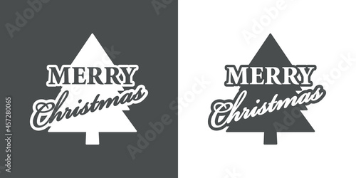 Banner con frase MERRY CHRISTMAS manuscrito con silueta de árbol de navidad en fondo gris y fondo blanco