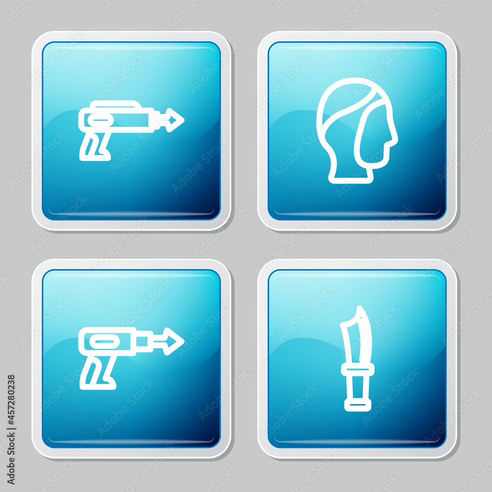 Set line Fishing harpoon, Diving hood, and knife icon. Vector