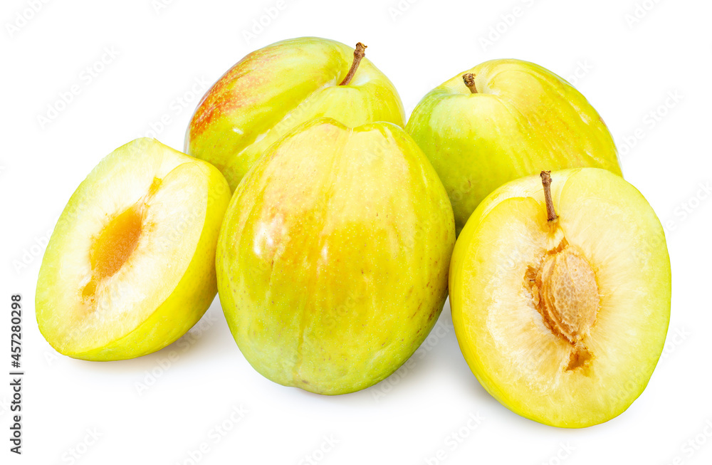 Fresh Green plum or Flavor Grenade Pluot isolated on white background, Green plum on white background With clipping path. Fresh Green plum or Flavor Grenade Pluot isolated on white background, Green plum on white background With clipping path.