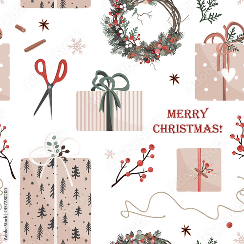 Christmas presents in kraft paper with becoration items, scissors and wreath. Xmas retro gift box background, eco decoration. Vector flat seamless pattern