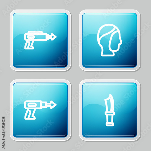 Set line Fishing harpoon, Diving hood, and knife icon. Vector