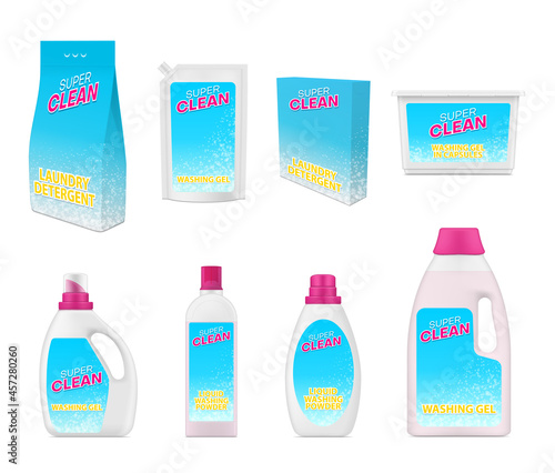 Collection detergent powder, gel, capsules and liquid packaging realistic vector illustration