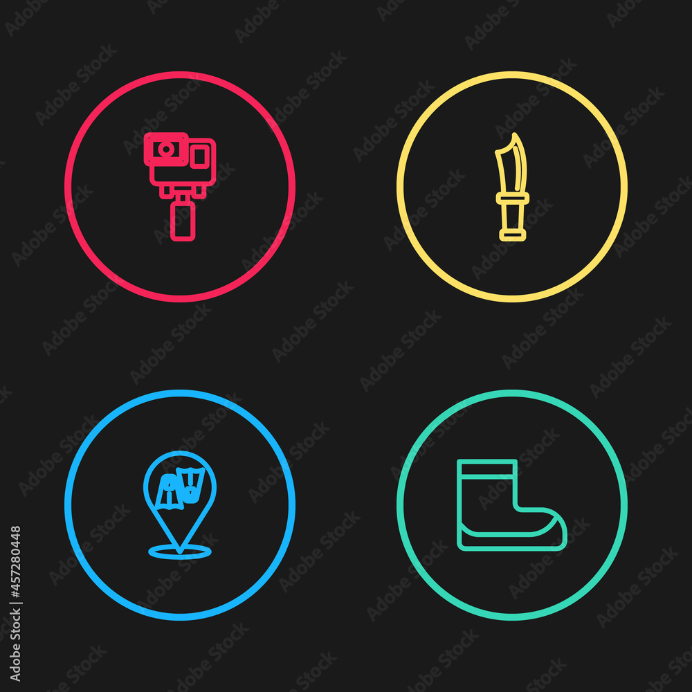 Set line Flippers for swimming, Boots, Diving knife and Action extreme camera icon. Vector Set line Flippers for swimming, Boots, Diving knife and Action extreme camera icon. Vector
