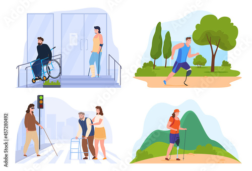 Set people with disabilities in public places vector flat riding on wheelchair, running, hiking