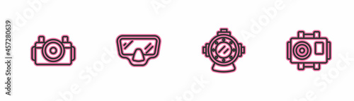 Set line Photo camera for diver, Aqualung, Diving mask and icon. Vector