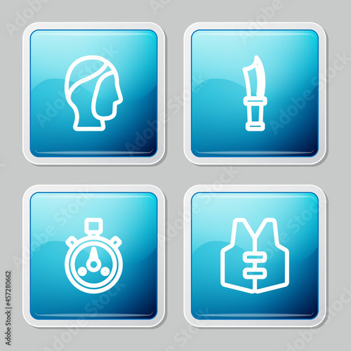 Set line Diving hood, knife, Stopwatch and Life jacket icon. Vector
