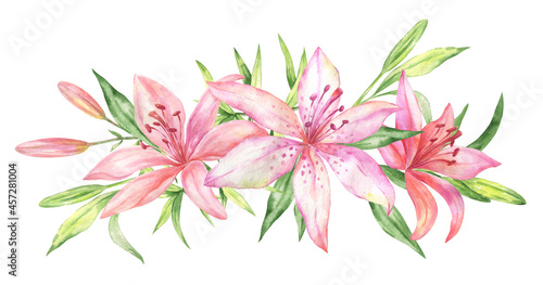 Watercolor bouquet with pink lilies