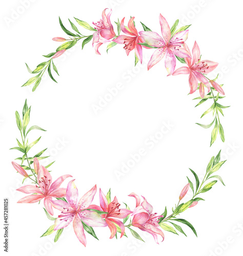  Watercolor wreath frame with pink lilies