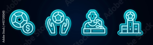 Set line Soccer football ball, , Football player press conference and Award over sports winner podium. Glowing neon icon. Vector