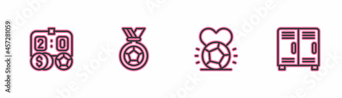 Set line Football betting money, Soccer football, or soccer medal and Locker changing room icon. Vector