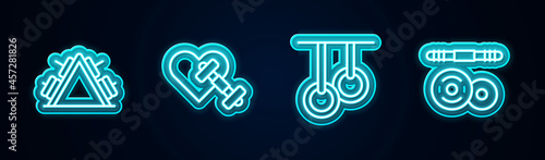 Set line Metal rack with weight, Dumbbell heart, Gymnastic rings and Barbell. Glowing neon icon. Vector