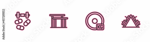 Set line Sports doping with dumbbell, Weight plate, Uneven bars and Metal rack weight icon. Vector
