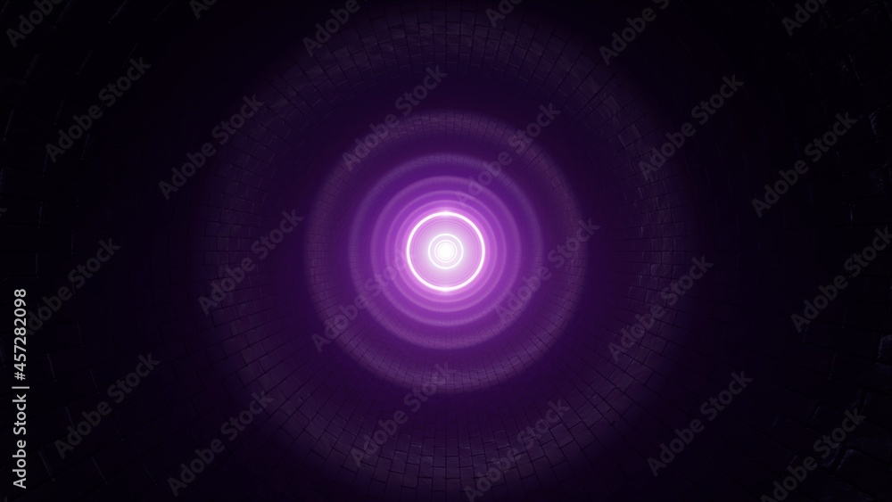 Purple Circle Shape Light Illuminated Dark Stone Brick Tunnel 3D Rendering Purple Circle Shape Light Illuminated Dark Stone Brick Tunnel 3D Rendering