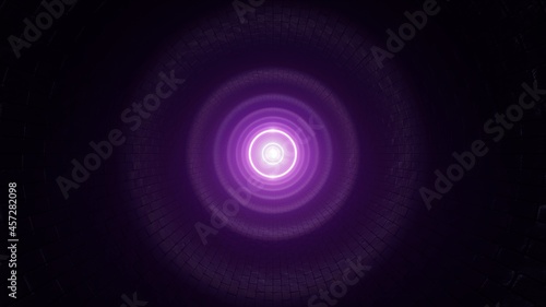 Purple Circle Shape Light Illuminated Dark Stone Brick Tunnel 3D Rendering