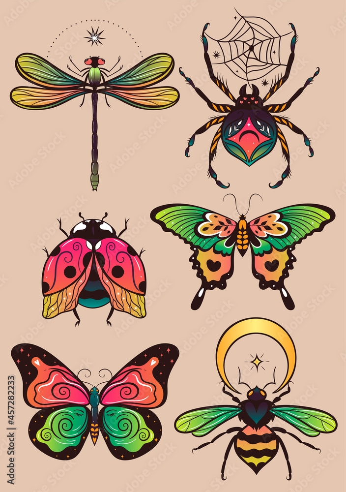 Collection of fantasy colorful insects for design. Vector graphics.