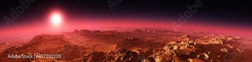 Alien landscape at sunrise  Mars at sunset  Mars panorama  3D rendering