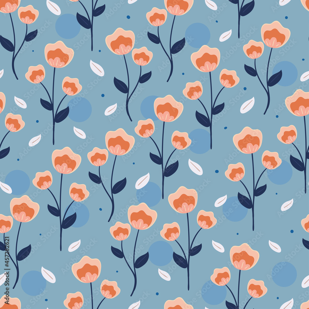Seamless pattern with cute cartoon flowers and leaves for fabric print, textile, gift wrapping paper. colorful vector for textile, flat style Seamless pattern with cute cartoon flowers and leaves for fabric print, textile, gift wrapping paper. colorful vector for textile, flat style