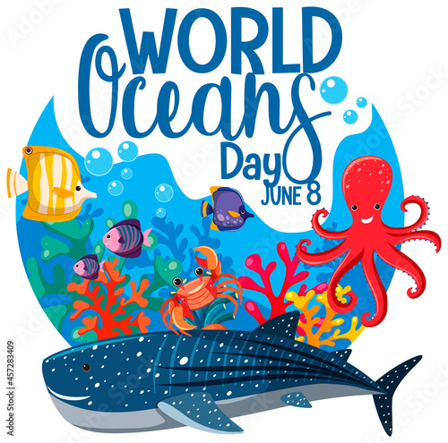 World Ocean Day banner with many different sea animals © brgfx