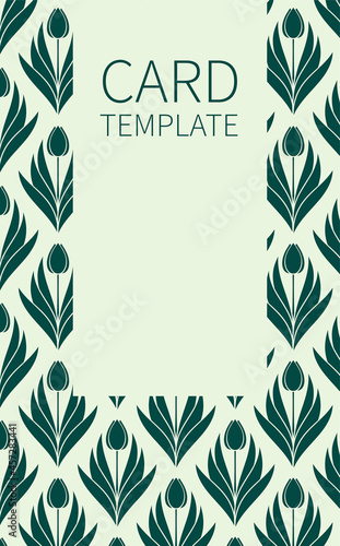 Poster, background with flowers and foliage of tulips. Ornament from silhouettes of spring flowers. Place for your text. Green color template for invitations and cards. Vector illustration