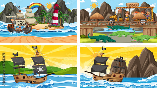 Set of different scenes with animals in the zoo and pirate ship at the sea