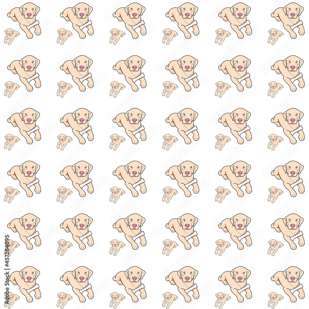 drawing seamless pattern of cute dog lying with a bone white background ,  flat style, can used for wrapping paper, textile and etc.