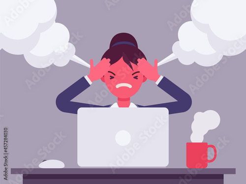 Businesswoman working with laptop steam coming out of ears, angry. Red faced office worker losing temper in annoyance, rage, displeasure with computer work, overworked employee. Vector illustration