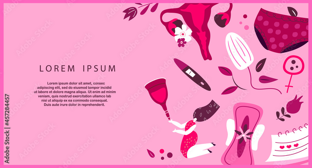 Menstruation Composition Poster.Flyer,Banner Female period,menstrual blood,womb,uterus,ovaries,ovulation,pregnancy test,panties,sanitary pad,tampon,reusable cup,flowers.Pink flat vector illustrations