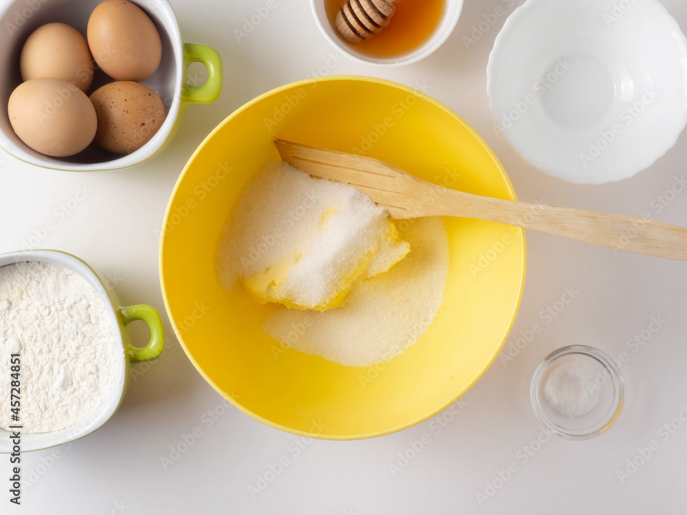 Almond pie with plums. Step-by-step recipe. Ingredients. Add sugar.