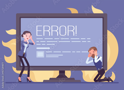 Computer blue screen of death, stop error, fatal system problem. Frustrated office male, female clerk in panic with device crash in fire, hardware failure, software stop working. Vector illustration