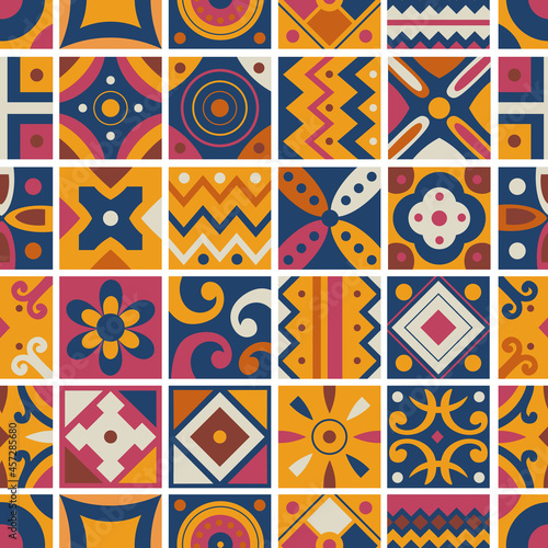 Seamless pattern of tribal tiles. Square tribal ornaments pattern. Abstract rectangle ornaments. Decorative colorful patterns Tribal ethnic motifs.