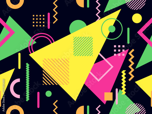 Memphis seamless pattern. Geometric elements memphis in the style of 80's. Composition of triangles, zigzags and circles. Background for brochures, banners and prints. Vector illustration