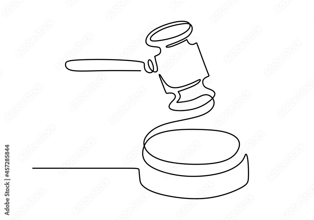 Continuous line drawing of hammer judge on Black and white background