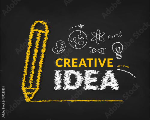 Creative ideas concept with doodle pencil and typography lettering of idea on yellow background, inspiration, innovation, creativity