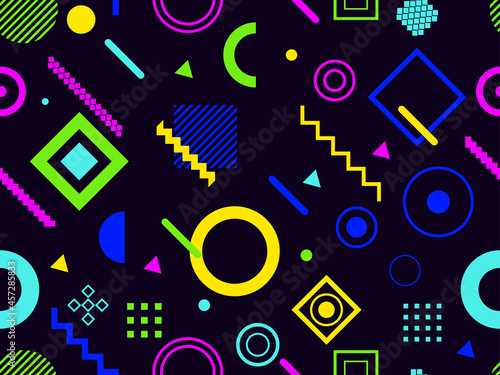 Memphis seamless pattern. Geometric elements memphis in the style of 80 s. Composition of triangles  zigzags and circles. Background for brochures  banners and prints. Vector illustration