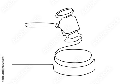 Continuous line drawing of hammer judge on Black and white background. Democracy day one line concept. A judge hammer is drawn by a single line.