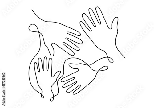 Continuous one line drawing of abstract opened four hands together. Democracy day one line concept isolated on white background.
