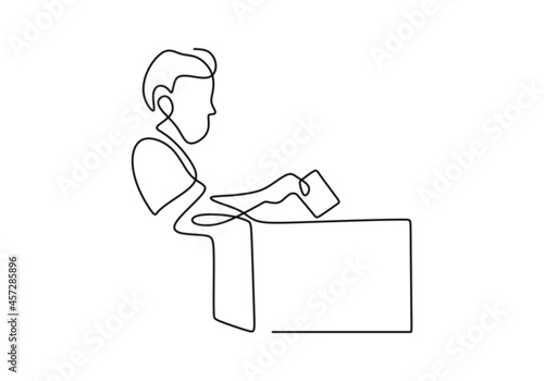 Continuous single line of a man inserting vote paper into box. Democracy day one line concept isolated on white background.