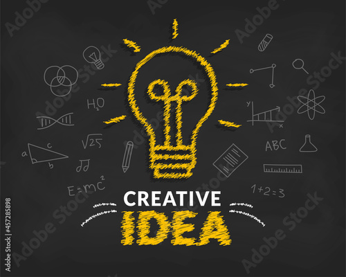 Creative ideas concept with doodle light bulb and typography lettering of idea background, inspiration, innovation, creativity