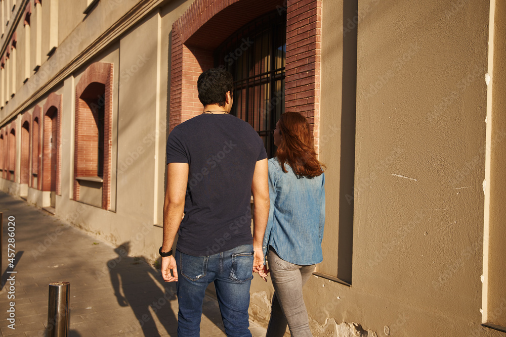 Rear view of a couple walking in the street
