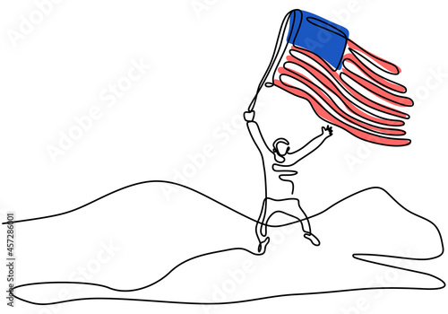 Continuous one line drawing of patriot day background with a man flying american flag isolated on white background.