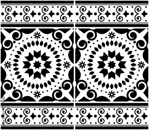 Azulejo tile seamless vector pattern Lisbon style, traditional wallpaper or textile, fabric print design inpired by tiles from Portugal in black and white 