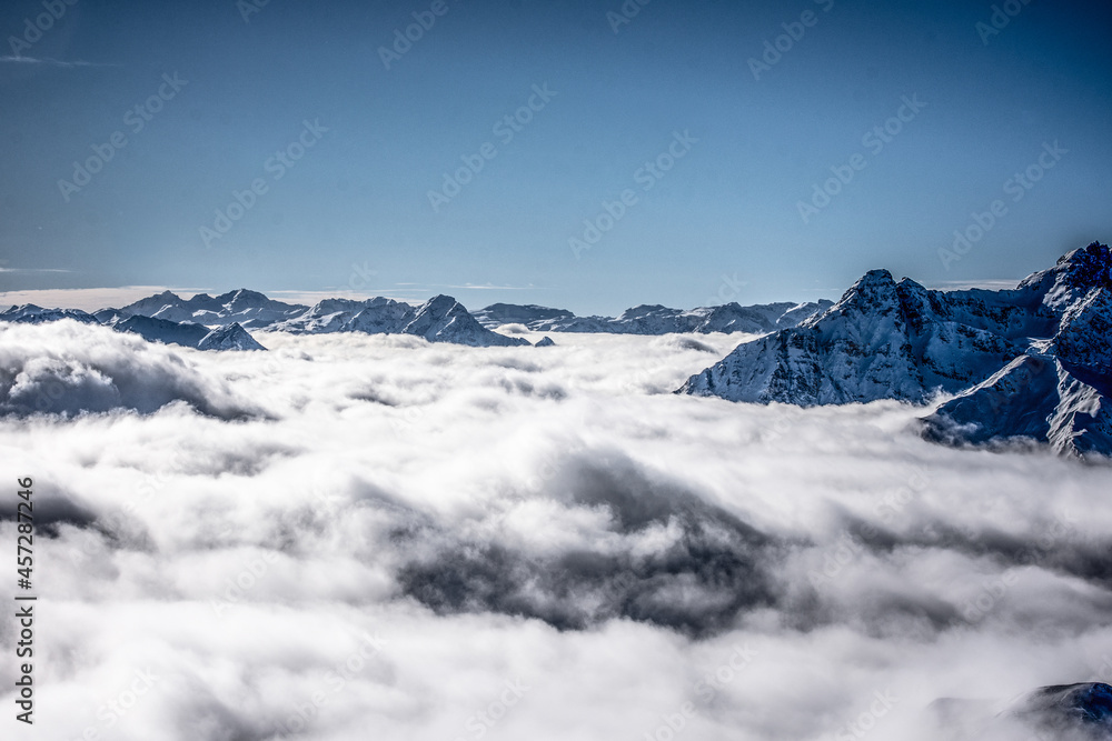 Skyline of snow covered mountains